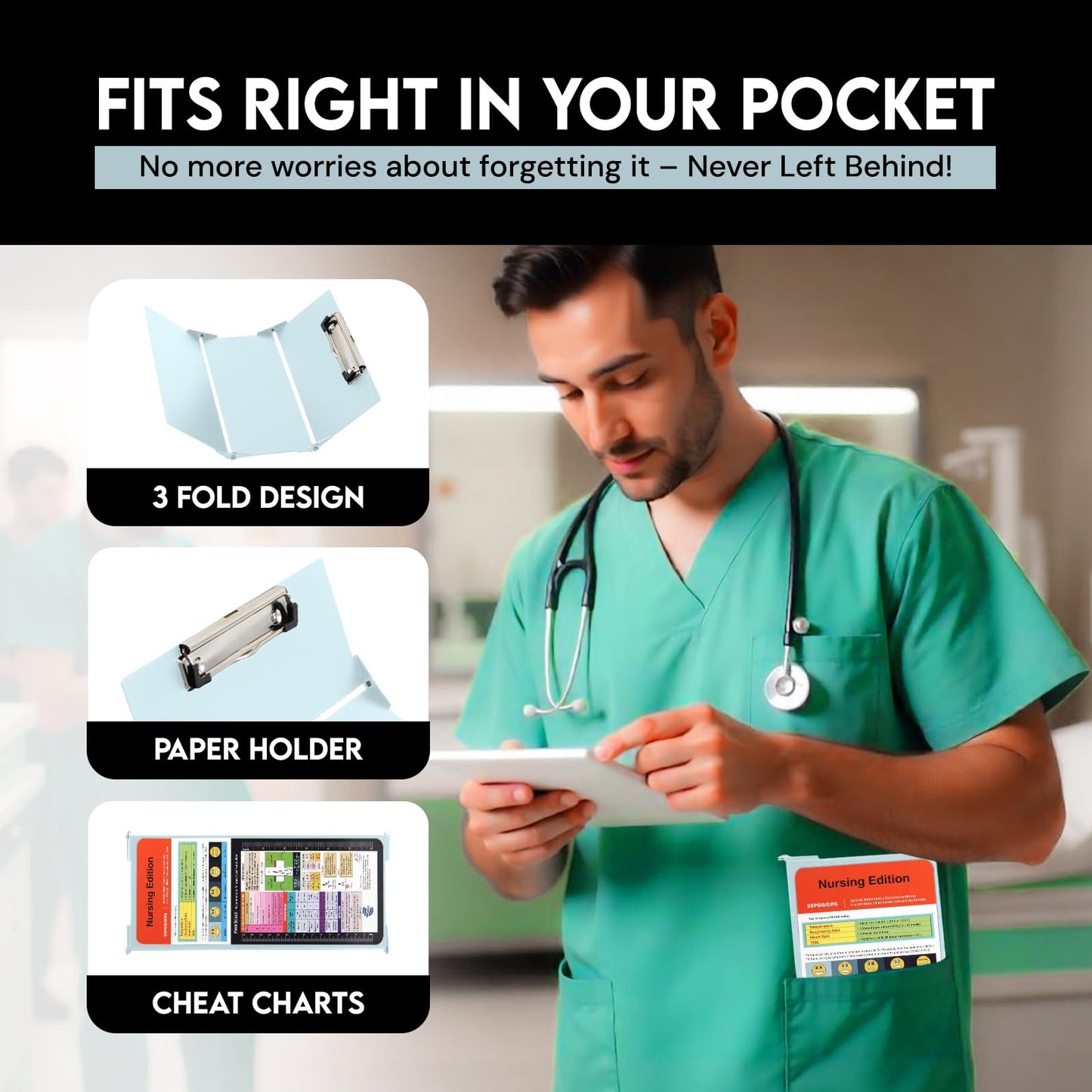 Nursing Clipboard Foldable with Medical Edition Cheat Sheets, 3 Layers Aluminum Foldable Clipboard for Nursing, Notepad for Students, Nursing School Essentials (Mint)