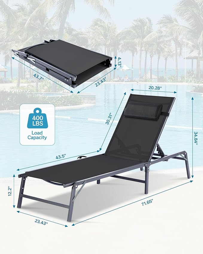 Foldable Chaise Lounge Chair with Cup Holder, Assemble-Free Outdoor Lounge Chair with Detachable Pillow and 6 Adjustable Backrest, Patio Lounge Chair for Outside Poolside Beach Pool, Black