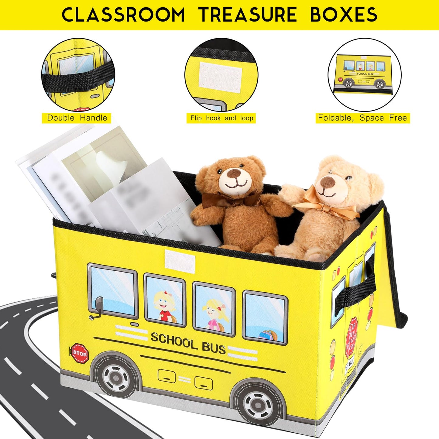 Sweetude 2 Pcs School Bus Treasure Box for Classroom, Foldable Chest Storage Toy Box Chest with Lid Treasure Storage Organizer Bin for Kids Teachers Toy Prizes Awards for Students(Yellow)