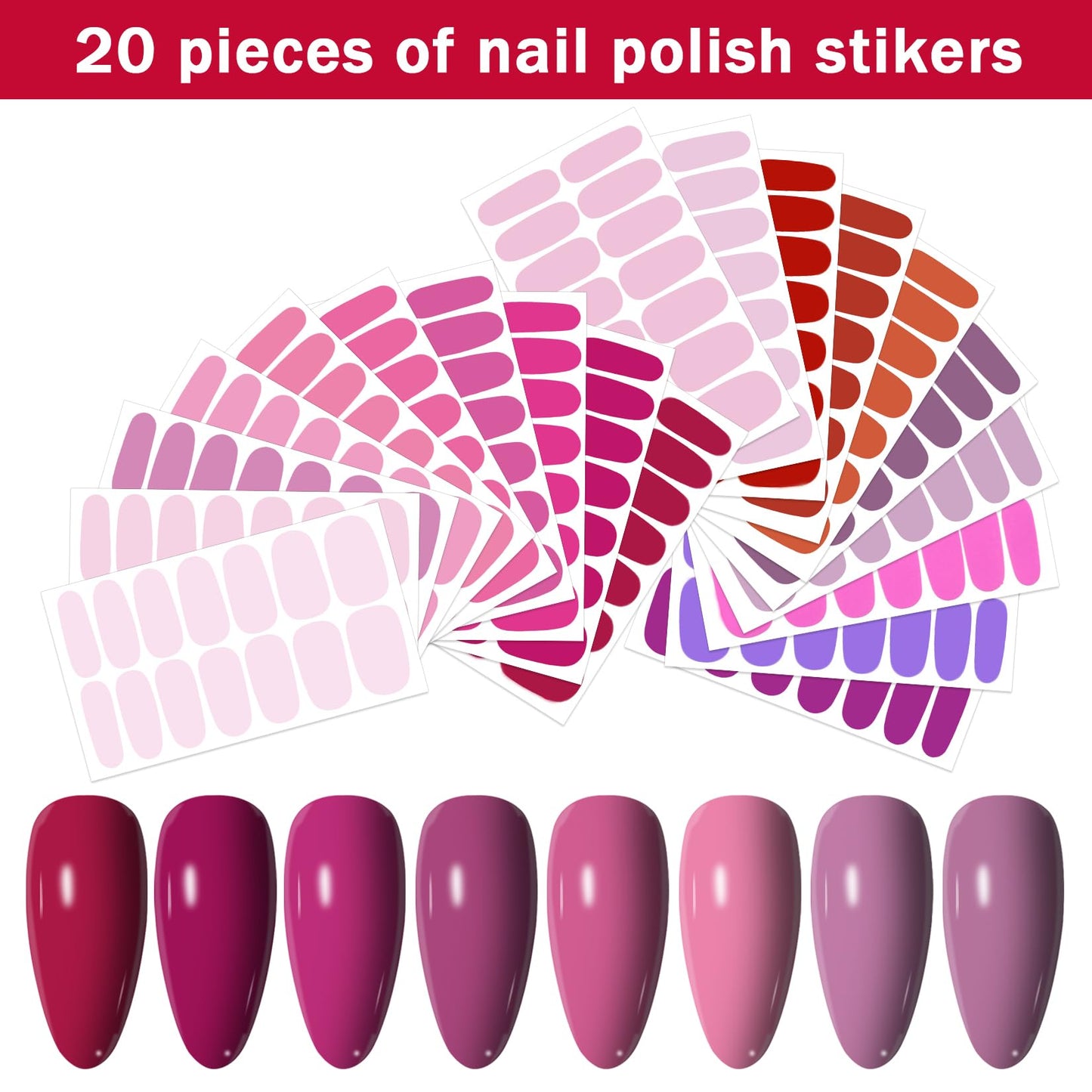 YECIRALA 20 Sheets 280 Pcs Pink & Purple Solid Nail Polish Stickers Full Nail Wraps - Light Pink Gel Nail Strips for Women Stick On Nails Polish Strips for Women Nails Designs Stickers Strips