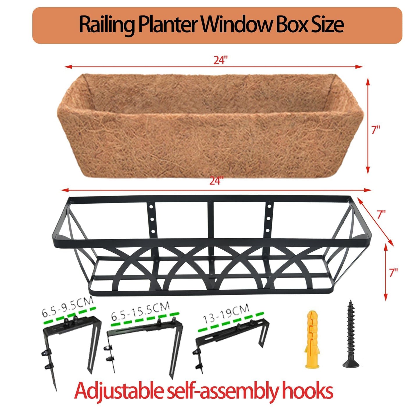 Flat Railing Planter Window Box Wall Hanging Planters (2 Pack, 24 Inch) Balcony Fence Planter with Coco Liner, Horse Trough Planter Metal Window Planter Box for Outdoor Plant Holder Rail Deck