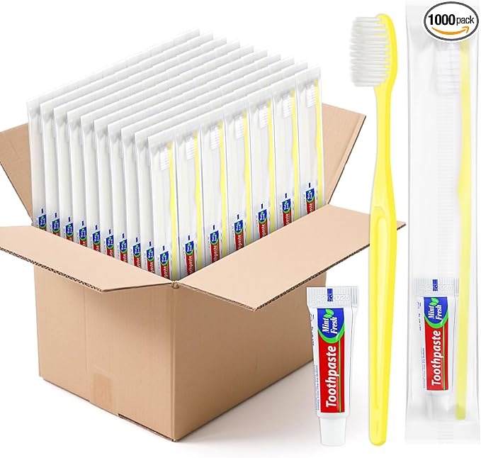 Yellow Disposable Toothbrushes with Toothpaste - Pack of 1000,Individually Wrapped Single Use Travel Toothbrushes Kit Bulk for Homeless,Guests,Hotel,Dentist