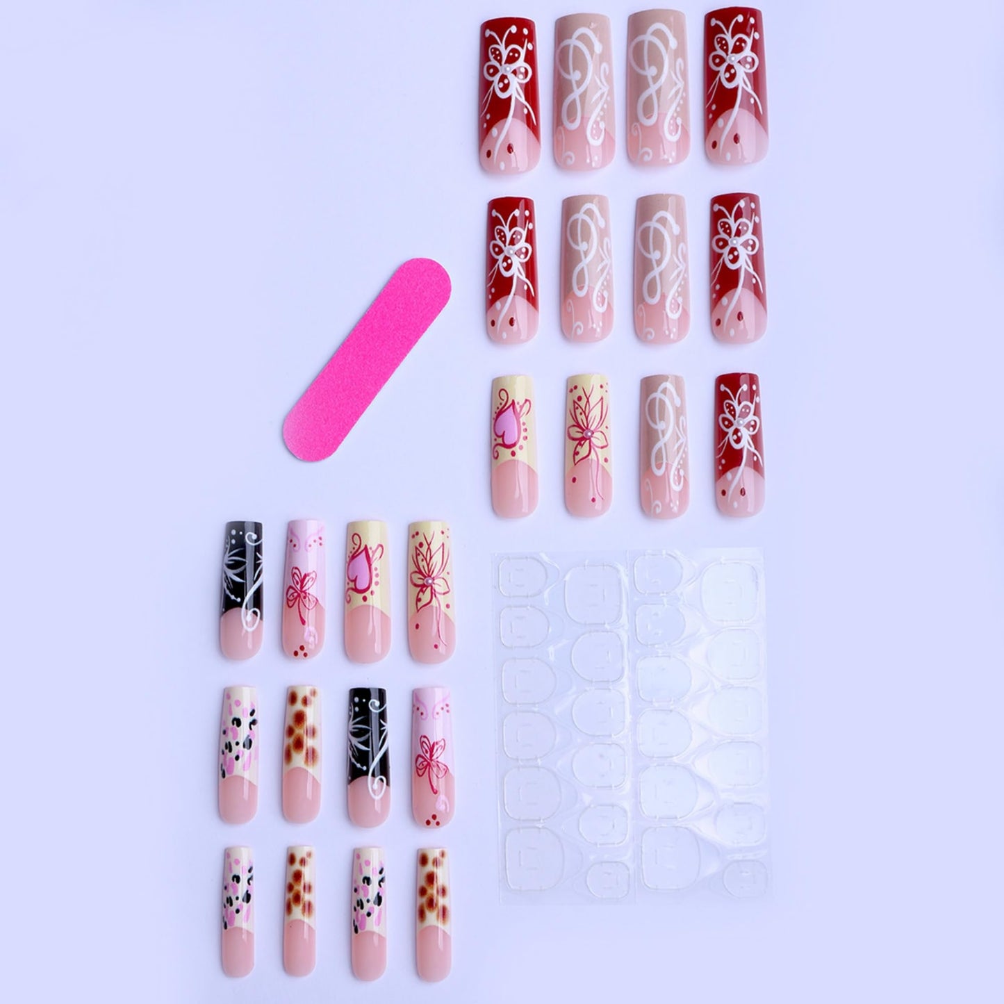 Long Press on Nails Square Fake Nails Red Artificial Nail French Tip and Flowers Designs Stick on Nail for Women 24pcs