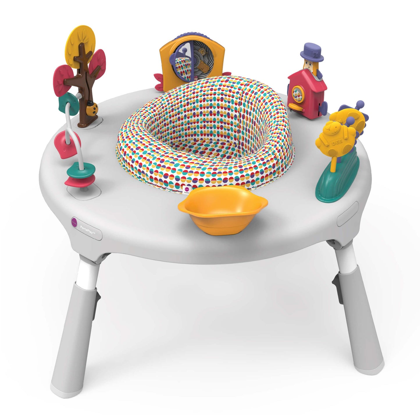 ORIBEL PortaPlay Convertible 3-in-1 Baby Activity Center & Play Table | Patented Bouncy Seat | Stable Foot Support | 5 Months+ | Development Focused Toys (Wonderland Adventure, Grey)