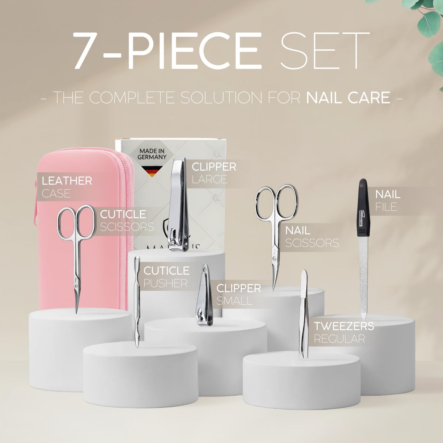 Manicure Set Solingen Made in Germany - 7 Piece Exclusive Finger & Toe Nail Clippers Kit for Women and Men in Real Leather Case, Color Rosa
