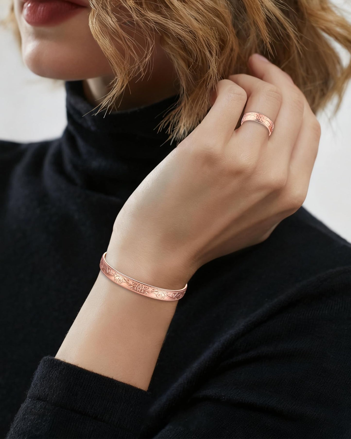 BioMag Women's Lymphatic Drainage Ring & Copper Bracelet, 99.99% Pure Copper Magnetic Bracelet & Ring with Built-in 3500 Gauss Magnets, Adjustable Size, Floral Vine Pattern