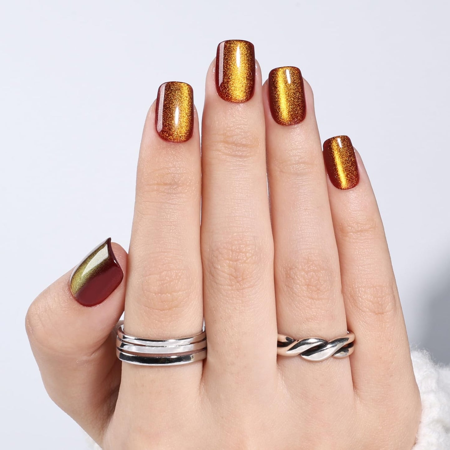 Leefrei Brown Cat Eye Press On Nails - Short Square Press on Nails Press Ons for Women, Reusable Glossy Fake Nails Kit with Glue DIY Nails Short in 15 Sizes - 30pcs, Amber Mocha