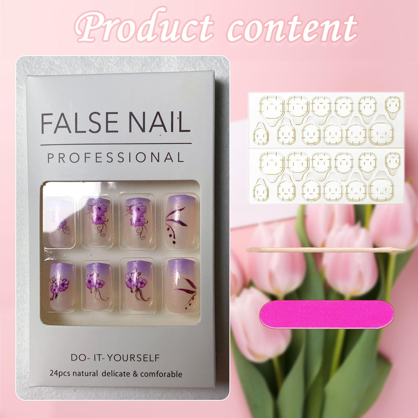 French Press on Nails Medium Short Fake Nails with Glitter Designs Purple Flowers Glue on Nails Translucent Nails Press ons Spring False Nails for Women 24 Pcs