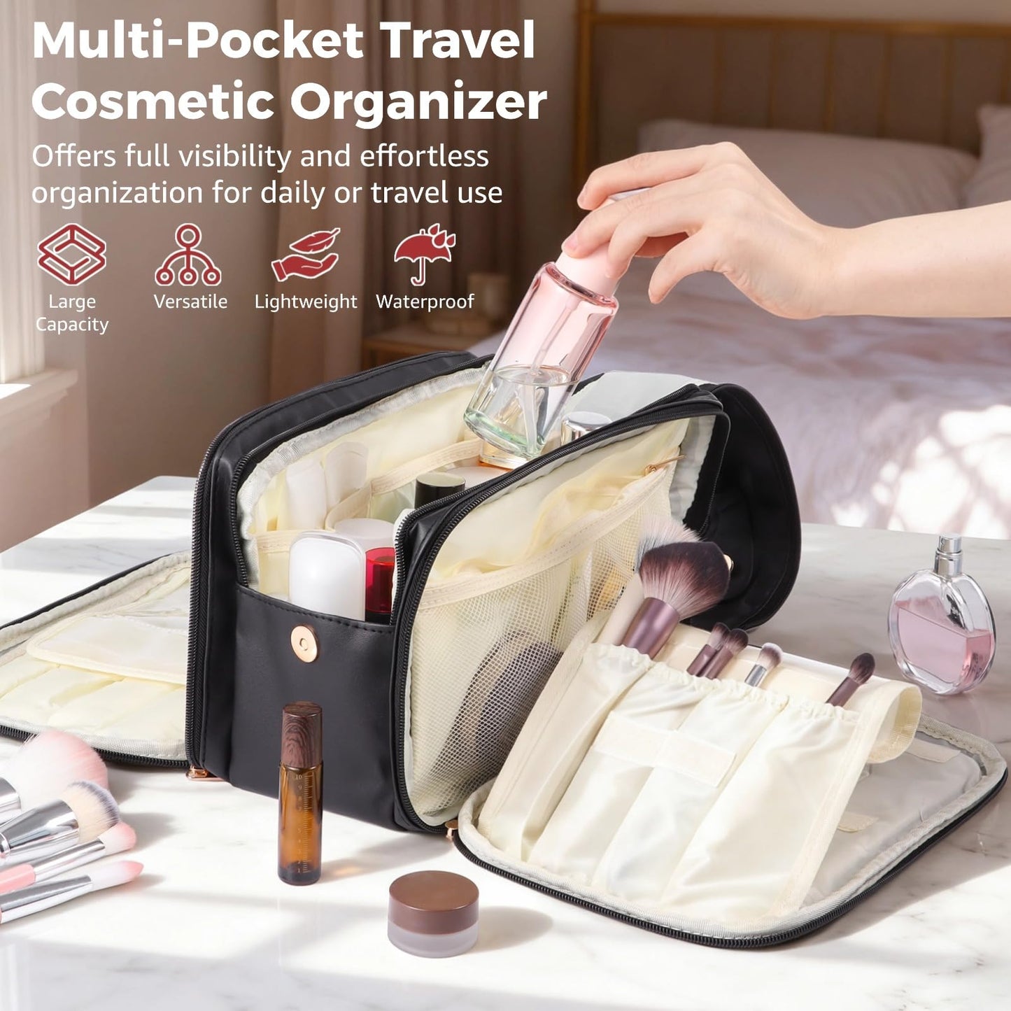 DORMIYA Black Travel Makeup Bag for Women - Large Capacity Cosmetic Organizer, Multi-Layer Toiletry Bag with Handle, Waterproof PU Leather Portable Makeup Zippered Case with Standing Brush Holder