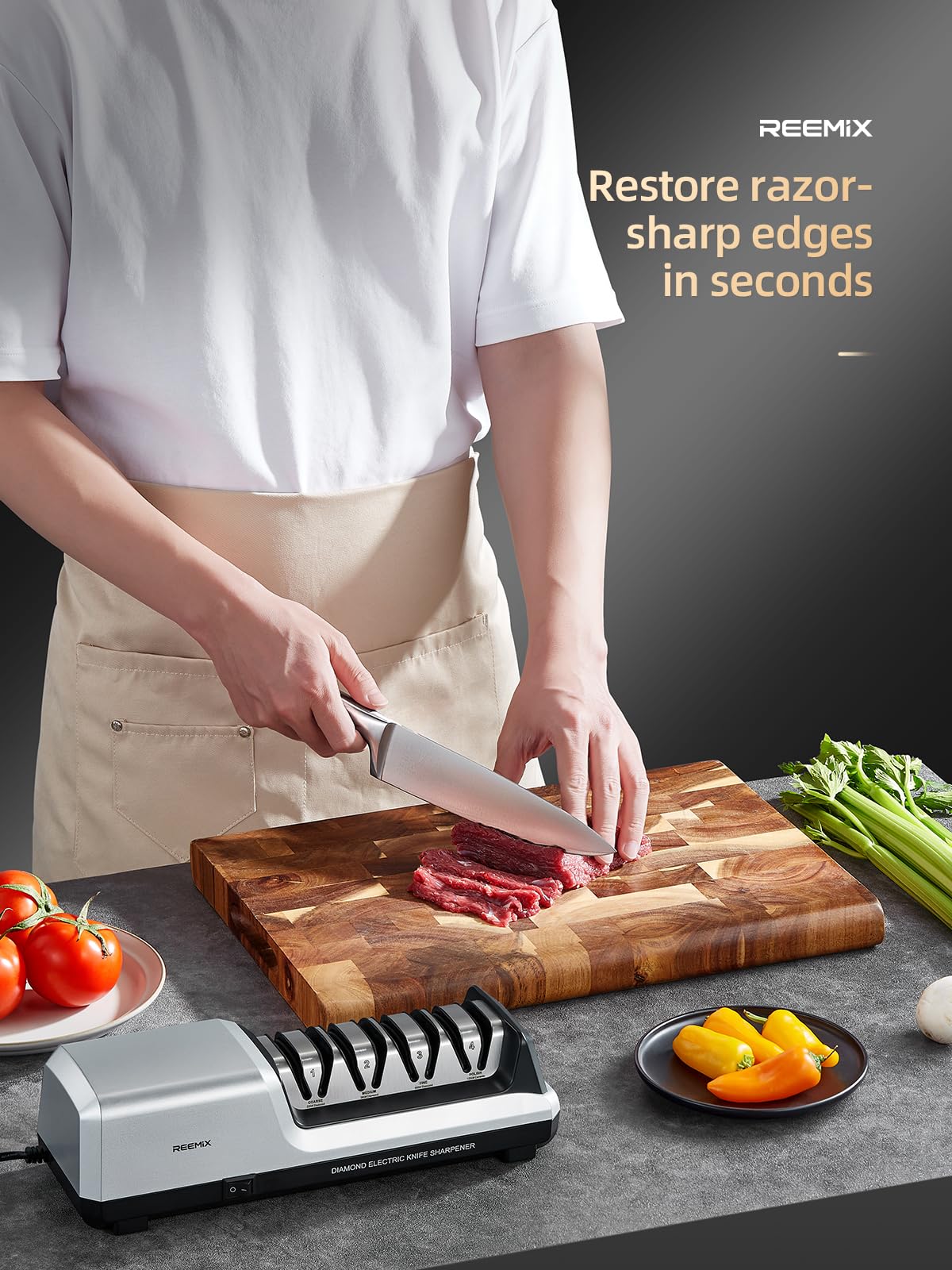 Reemix Electric Knife Sharpener with 4-Stage Sharpening (Repair, Coarse, Medium, Fine & Polish), 20° Fixed Angle, Non-Slip Base & Metal Shavings Collector for Kitchen Knives (Sliver)