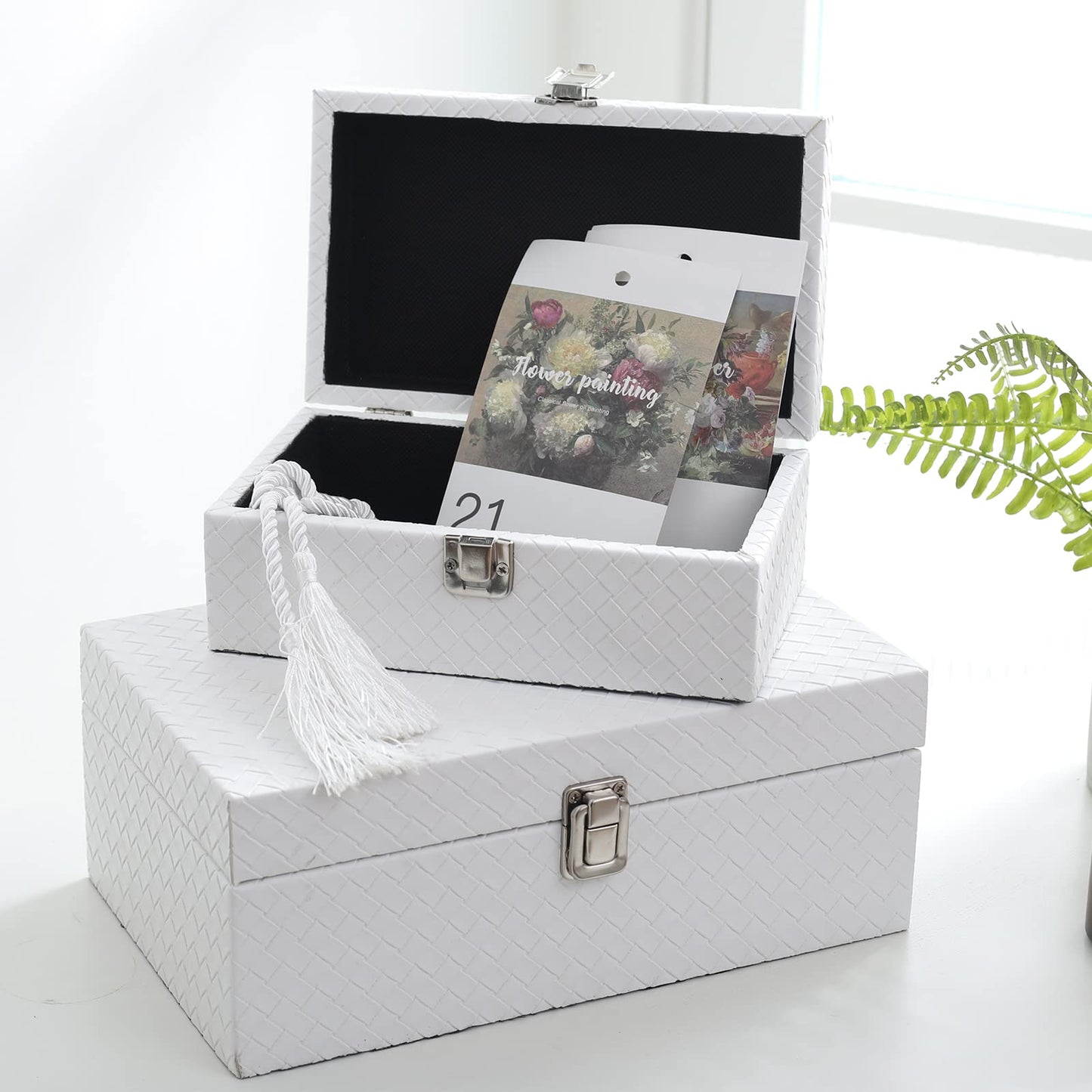 DECOR4SEASON Faux Leather Decorative Jewelry Storage Organizer Boxes Set of 2, White