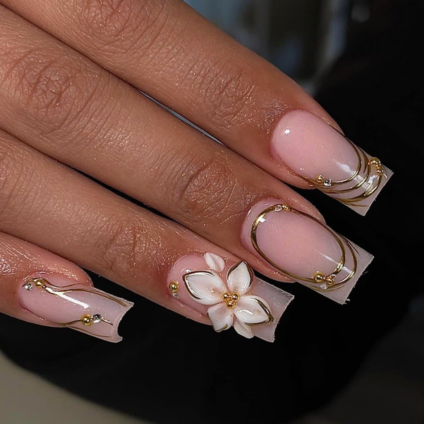 Square Press on Nails Medium Fake Nails Rhinestones Acrylic Nail Press ons SEENEEY Gold Charm and 3D Flowers Designs Stick on Nail for Women 24pcs