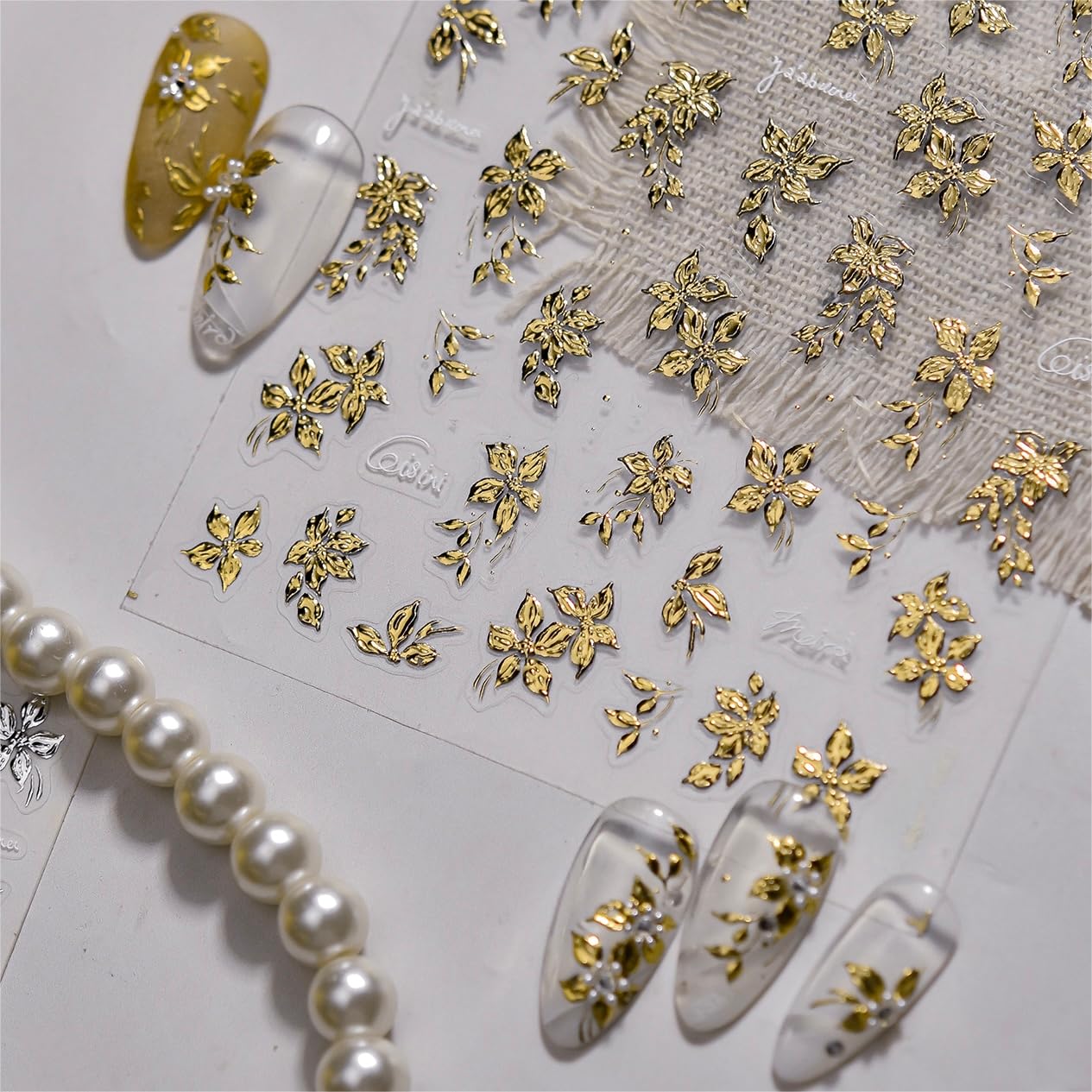 Phuryllic 3D Nail Stickers for Nail Art, Embossed Self-Adhesive Cute Nail Charms & Decals for DIY Nails, Easy-to-Apply Nail Design Supplies & Accessories for Home Manicure-Golden Blossom Charm