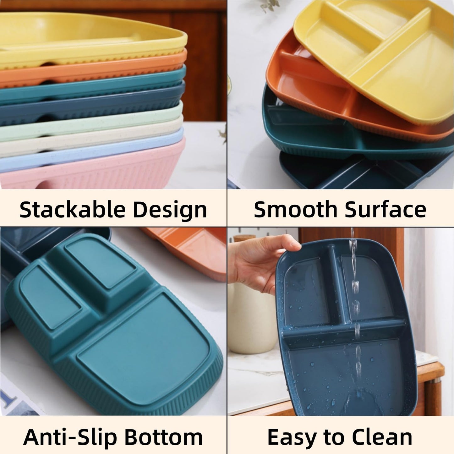 ZAVOOS 12 Pack Divided Plates, 10.5 Inch Reusable Wheat Straw Dinner Plates for Party, 3 Compartment Sectioned Unbreakable Food Tray for Balanced Meal, Portion Control, Microwave Dishwasher Safe