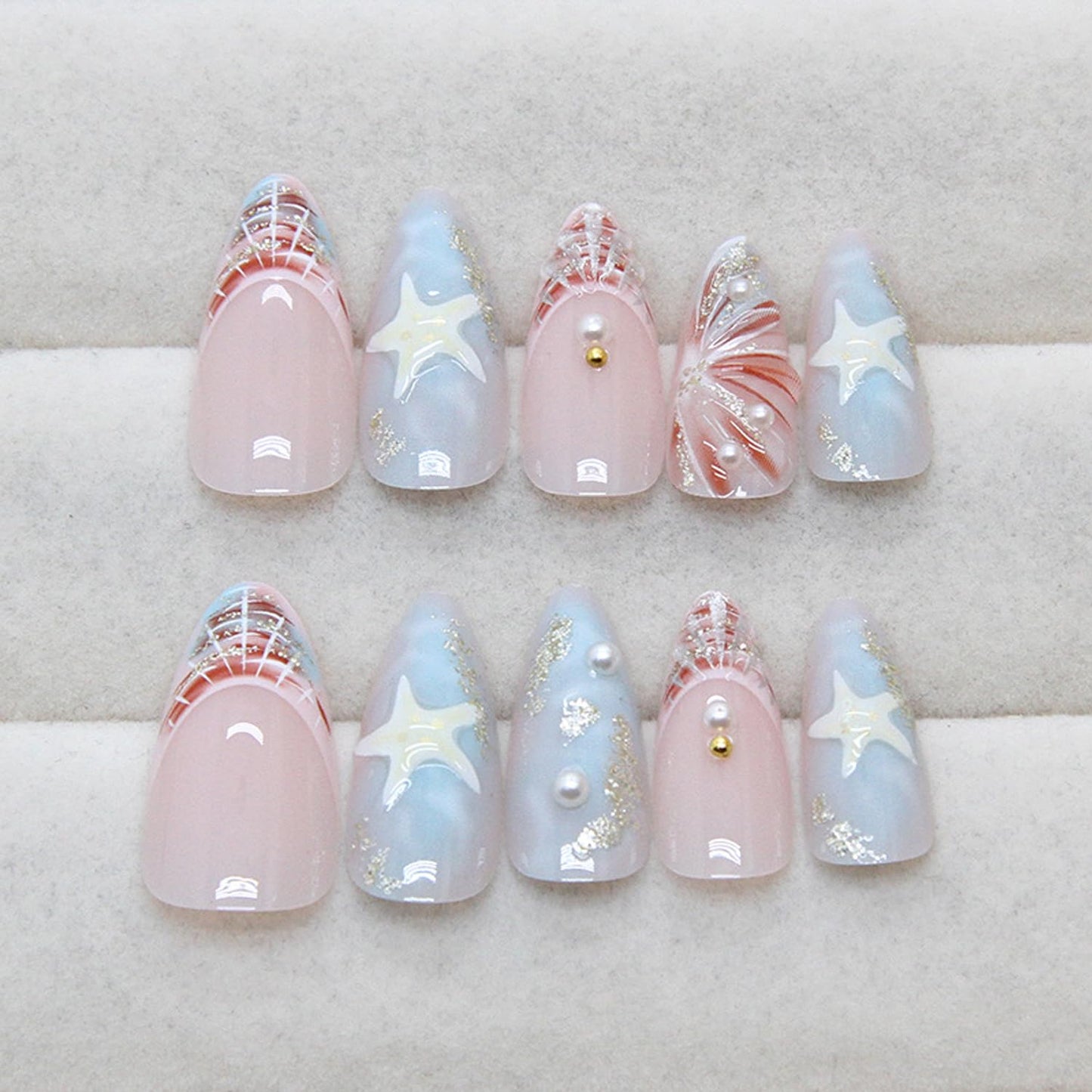 Summer Blue Sea Press on Nails Medium-Length Almond Press on Shell French Tips Fake Nails Starfish False Nails with Pearl Designs Acrylic Nails 3D Waves Texture Stick on Nails for Women Manicure 24Pcs