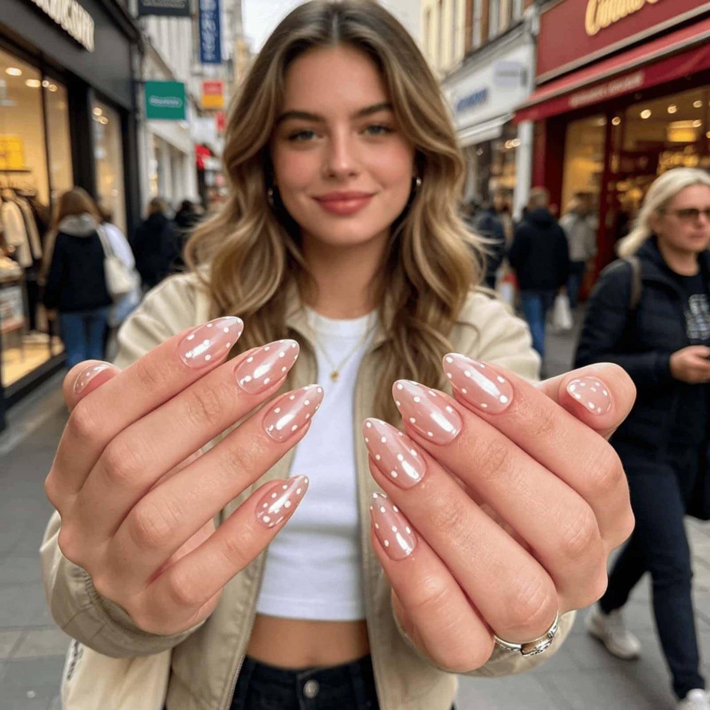 Polka Dot Press On Nails, Short Almond Nude Pink Fake Nails with White Dots, Soft Gel Full Cover Reusable Glue On Nails, Cute Everyday Nails for Women 30 Pcs