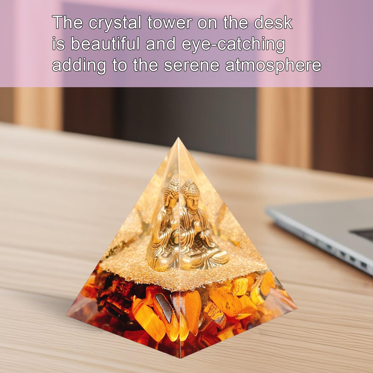 Saefheled Natural Tiger's Eye Stone Orgone Pyramid, Orgonite Crystal Healing Pyramid with Built-in Buddha Statue, Attract Wealth Success, Prosperity, Balance Chakra Used for Meditation & Healing, 6cm