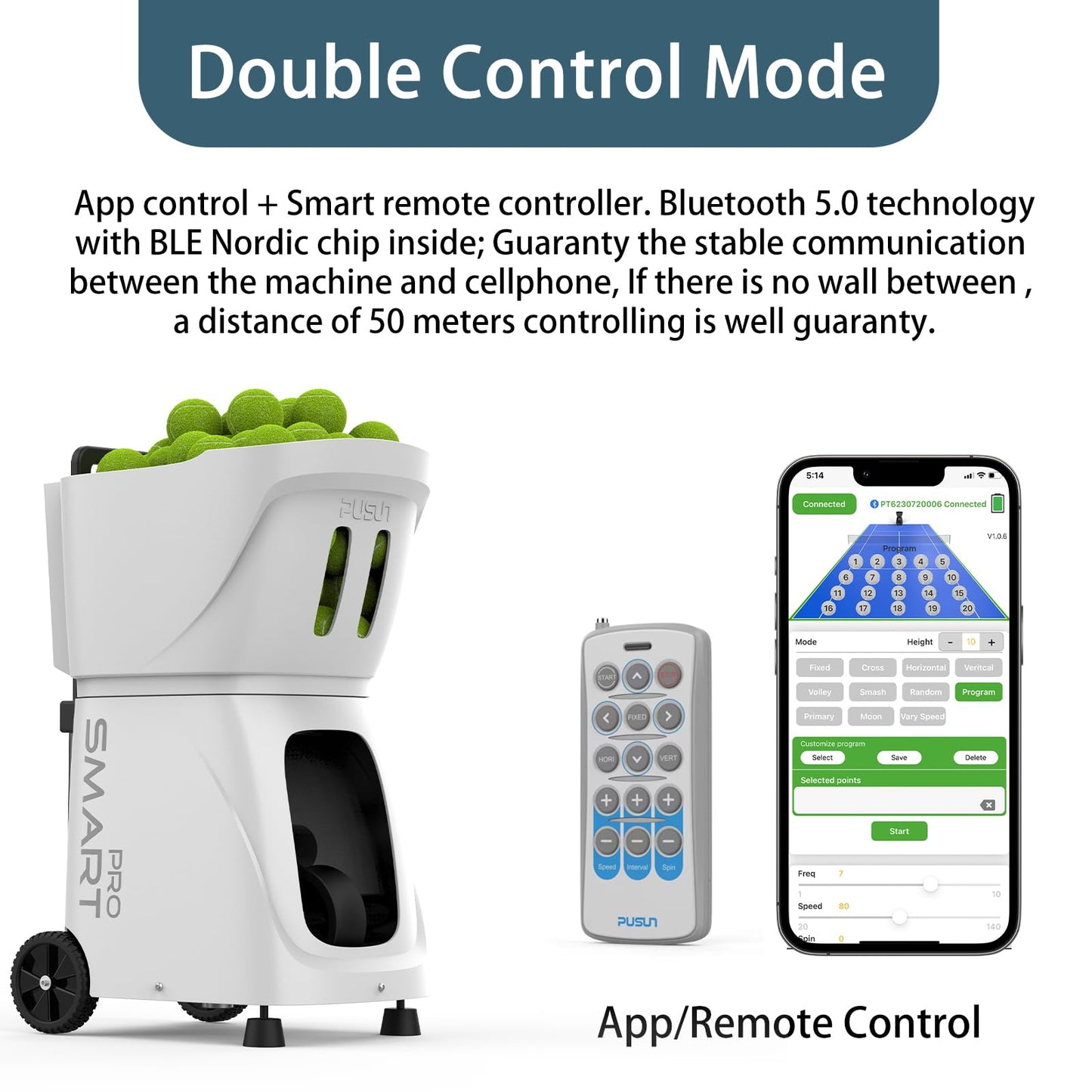 PUSUN PT-Smart-Pro Smart Tennis Ball Machine - Auto Serve with APP/Remote/iWatch Control,12 Serving Modes, 4-6H Battery for Training/Coaching (White)