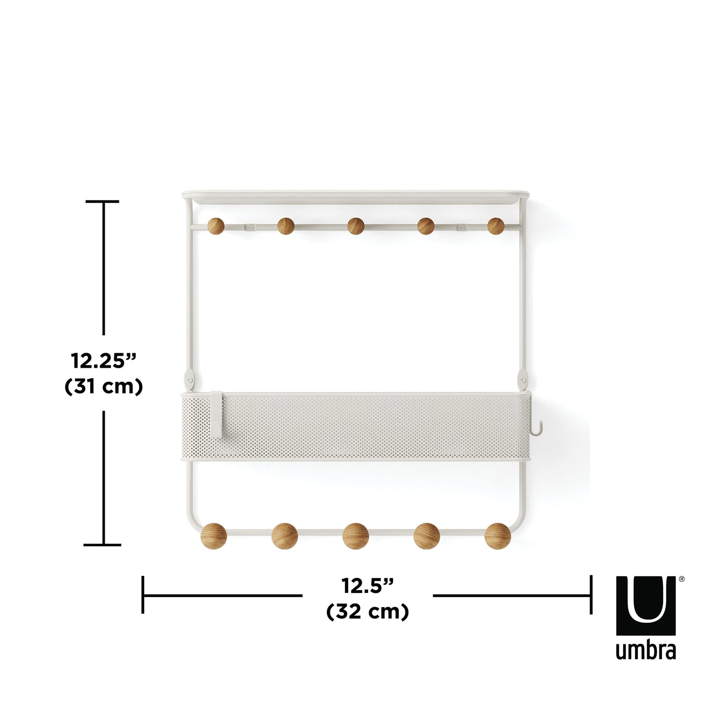 Umbra Estique Entryway Organizer Storage Solution with Cubby Bin, Shelf and Hooks for Keys, Mail, Glasses, Wallet, Purse, Hat, and More, White