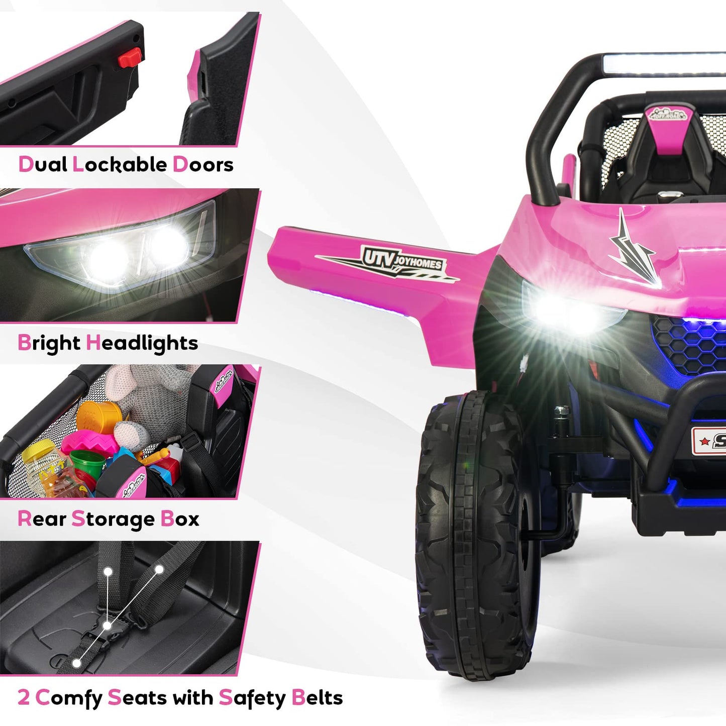 HONEY JOY Pink 2 Seater Ride On Car, 12V Battery Powered Ride On Truck w/Remote Control, Spring Suspension, High/Low Speed, Storage, Music, USB, Ambience Lights, Electric Vehicle UTV for Kids (Pink)