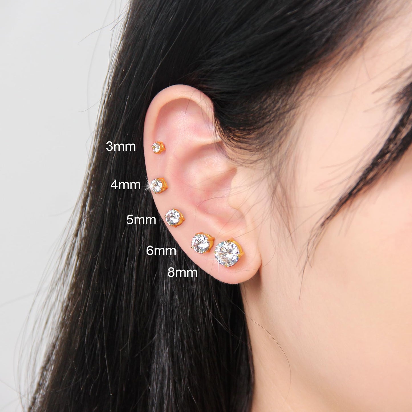 Hypoallergenic Threadless Flat Back Earrings,1 Pairs Cartilage Stud for Women Men Titanium Post 20G None Screw Easy Push in Gold Black Silver Stainless Steel Flatback with CZ 3-8mm (Gold Stud, 6mm)