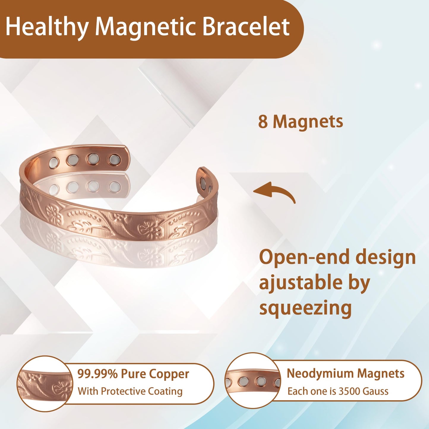 EnerCoppeX Copper Magnetic Bracelet for Women - Detox Jewelry with 3500 Gauss Magnet, Adjustable Cuff Bangle (R)