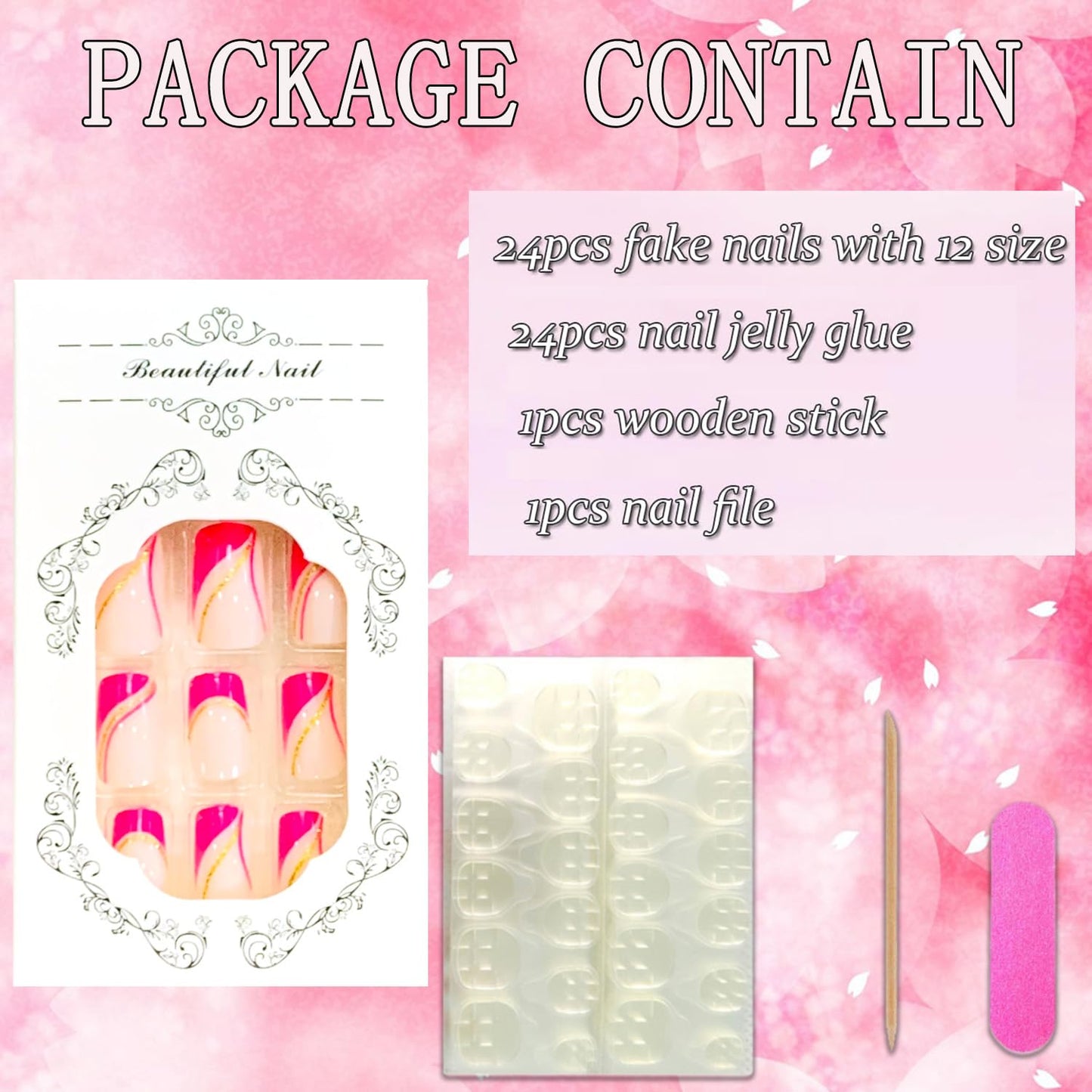Vezocim Pink French Tips Press on Nails Square Shapes 24Pcs Glossy Full Cover Medium Acrylic Square False Nails with Gold Line Designs Artificial Coffin Fake Nails Glue Stick ons Fingernails for Women