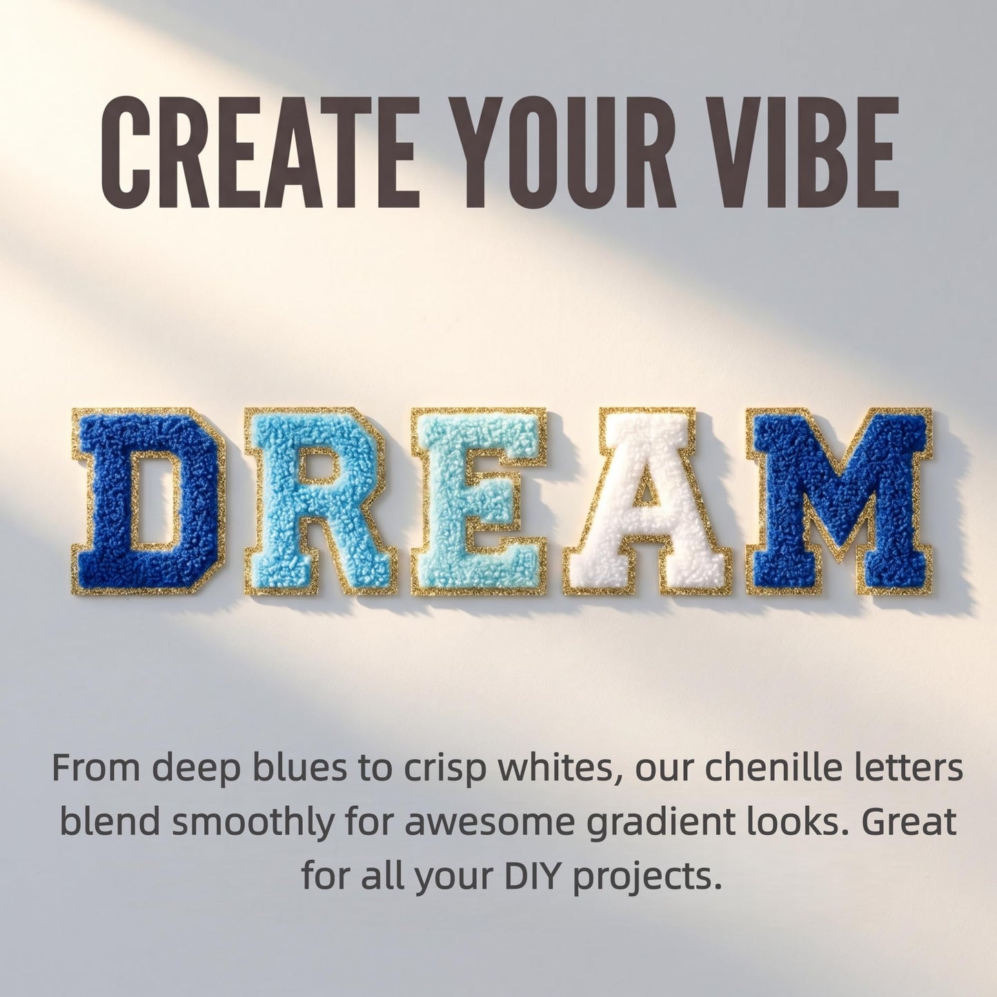 104 Pcs Self Adhesive Chenille Letters & 24 Iron On Stars Kit – Blue Ombre Varsity Letter Patches for Clothes, Backpacks, Hats, DIY Crafts (2.17", Navy/Sky/Light Blue/White)