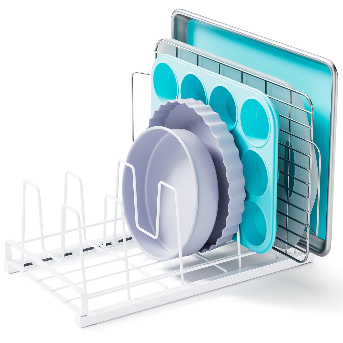 GAGUIUP Food Container Lid Organizer, Adjustable 6 Dividers Full-Metal Pot and Pan Organizer Rack for Kitchen Cabinets, Drawers, Cupboards, Pantry Shelves Storage, White