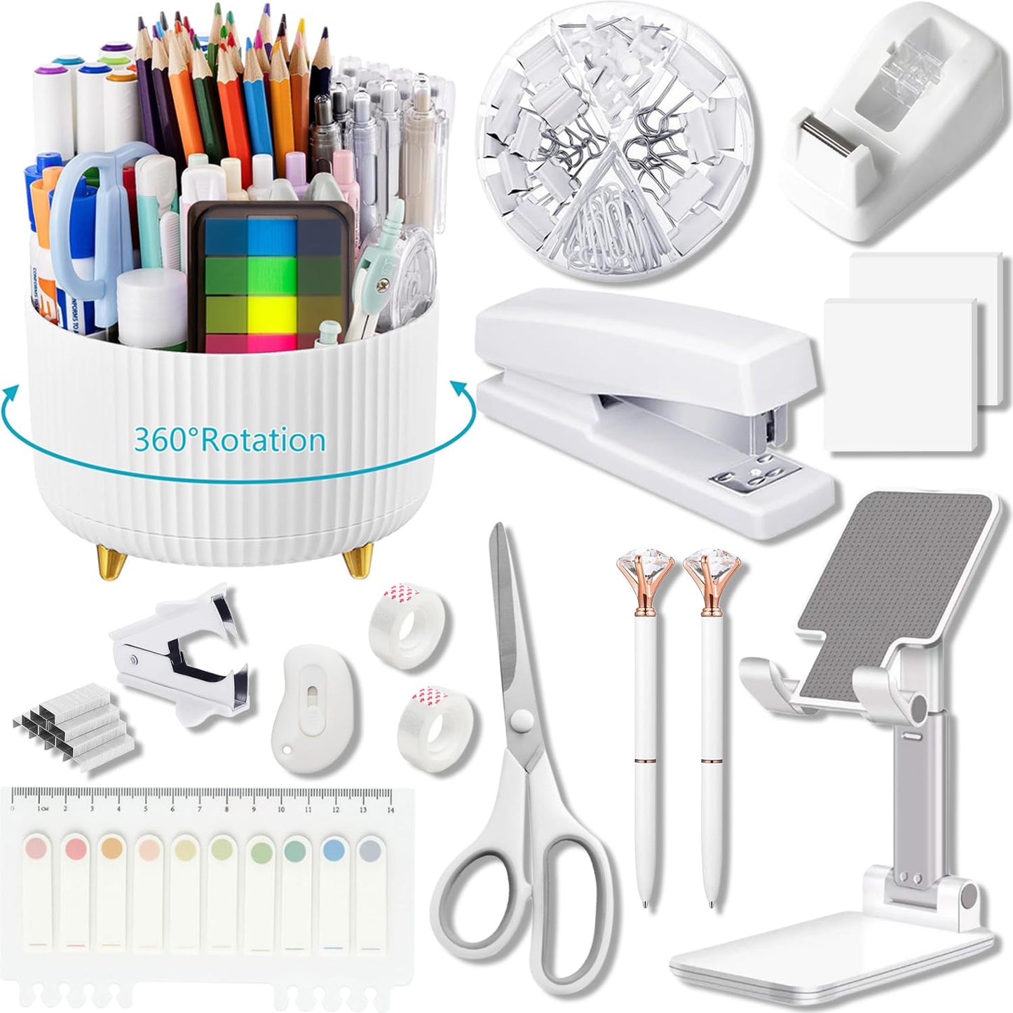 Office Supplies, White Desk Accessories,Desk Organizer,Phone Stand,Scissors,Stapler,Tape Dispenser,Binder clips,Staples,staple remover,Sticky Notes,Index Tabs,Clear Tape,Mini Box Cutter,Cool Pen.16pcs