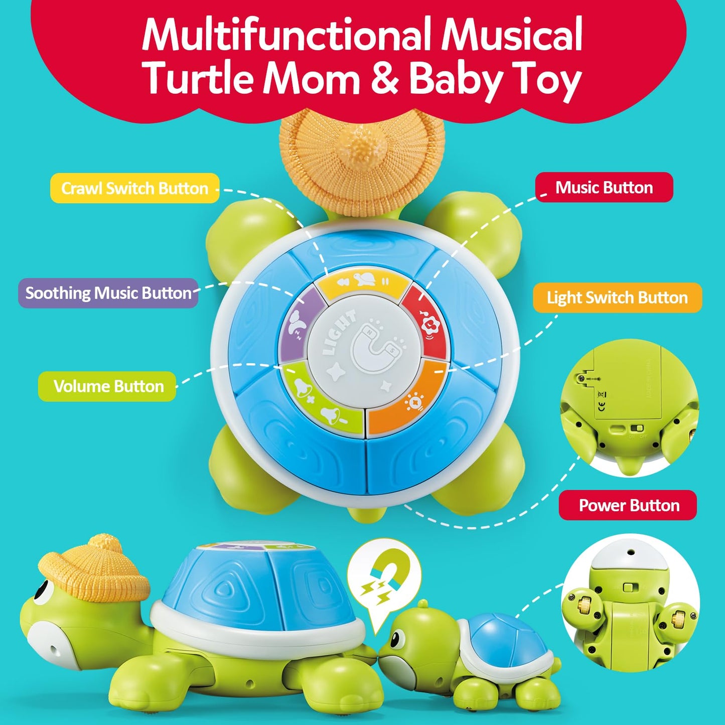 CuteZone Baby Toys 6-12 Months - Turtle Crawling & Musical Tummy Time Toy Set with Light & Sound, Moving Baby Activity for Crawling and Tummy Time, Interactive Gift for Babies