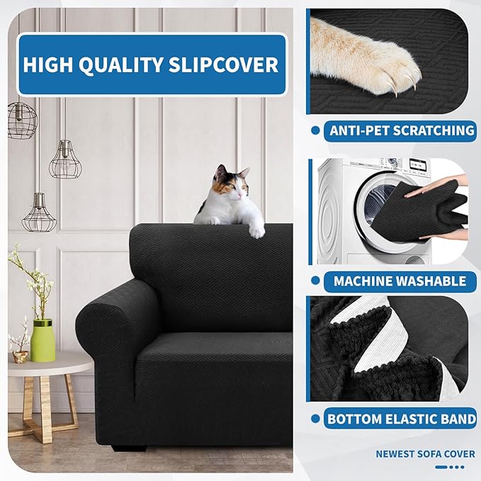 XINEAGE 2026 New Extra Large Couch Cover for 3 Cushion Couch (91"-110") 1 Piece Stretch Oversized Sofa Slipcovers Jacquard 4 Seater Furniture Protector Elastic Bottom for Kids,Pet (XL Sofa, Black)