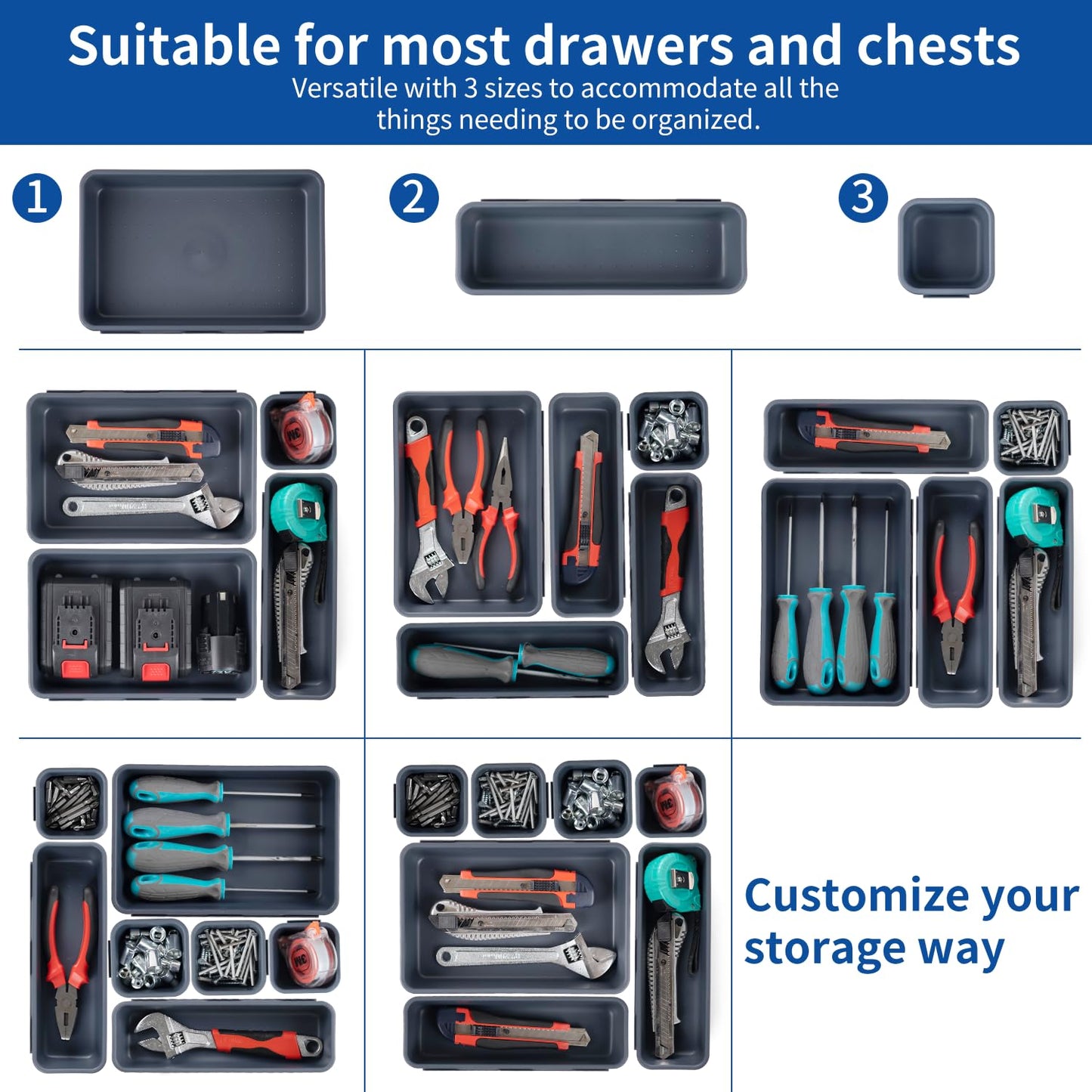 Giklux 45 Pack Tool Box Organizer Tray, 3-Sizes Tool Box Organizers And Storage, for Hammer, Wrench, Screw, Small Parts Toolbox Organization, Tool Cart Chest Garage Drawer Organizer Tray, Grey