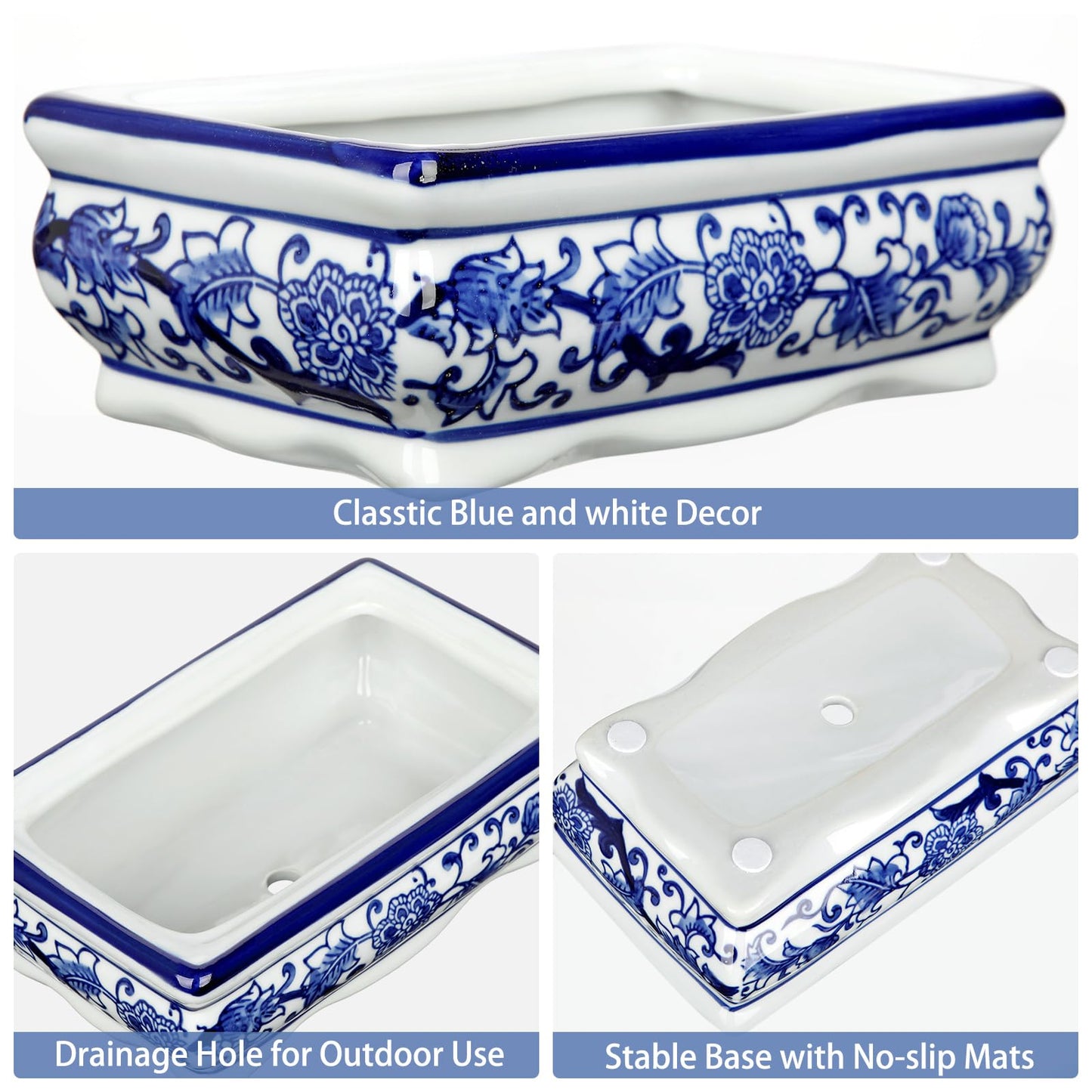 Set of 2 Blue & White Ceramic Bonsai Pots, 7.4" & 4.9" Rectangular Bonsai Planters Pots with Drainage for Outdoor Decor, Small Shallow Bonzie Tree Pot for Succulents, Cacti, Orchids, Herbs Plant Pot