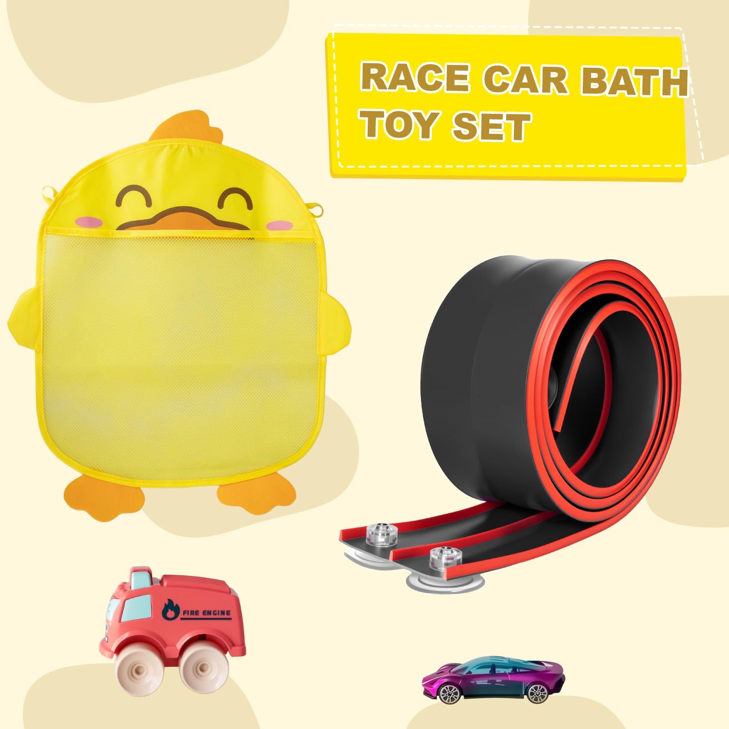Race Car Bath Toy Set, Toddler Bath Toys, Flex Race Track Car Set, Kids Bathtub Gift, Including Mesh Storage Bag - Suction Cup, for Ages 3 & Up (10-Piece Set) (Black & Red)