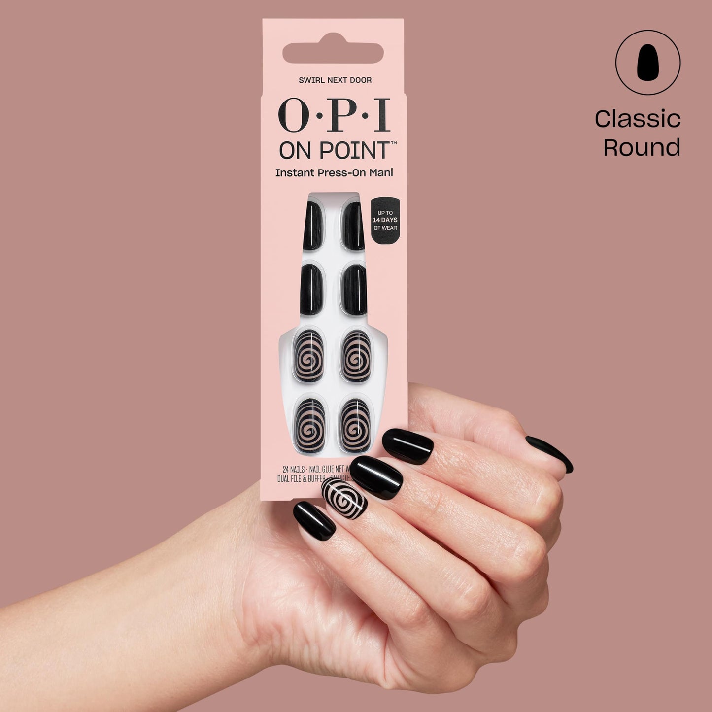 OPI On Point Swirl Next Door | Short Round Black with Abstract Swirls Nail Art Press On Nails | 24 Count with Nail Glue | Long Lasting, Reusable, Non-damaging | Fall 2025 Shades