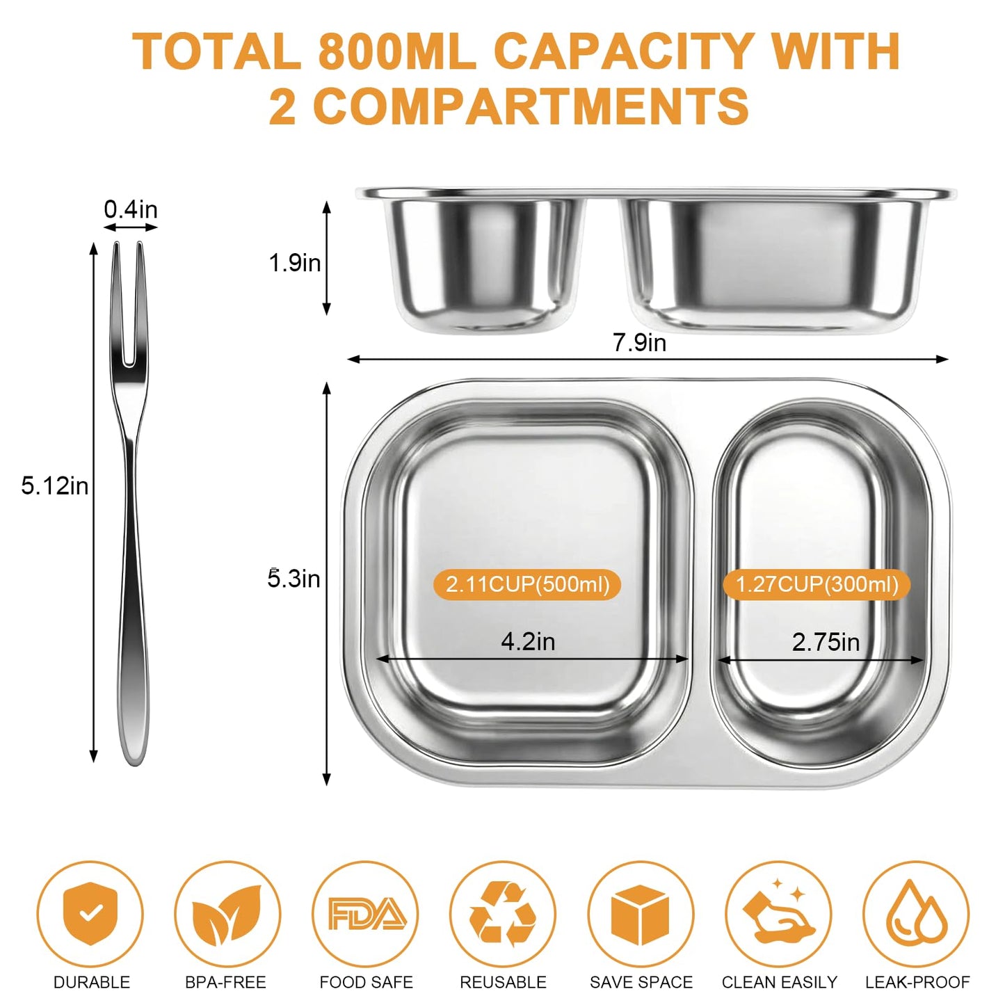 XIANKE 3Pack Stainless Steel Lunch Box, 27oz/800ml Snack Containers with Lids, Stainless Steel Food Storage Container with Lockable Clip, Leak-proof, Dishwasher-Safe Snack Box for Travel, Work