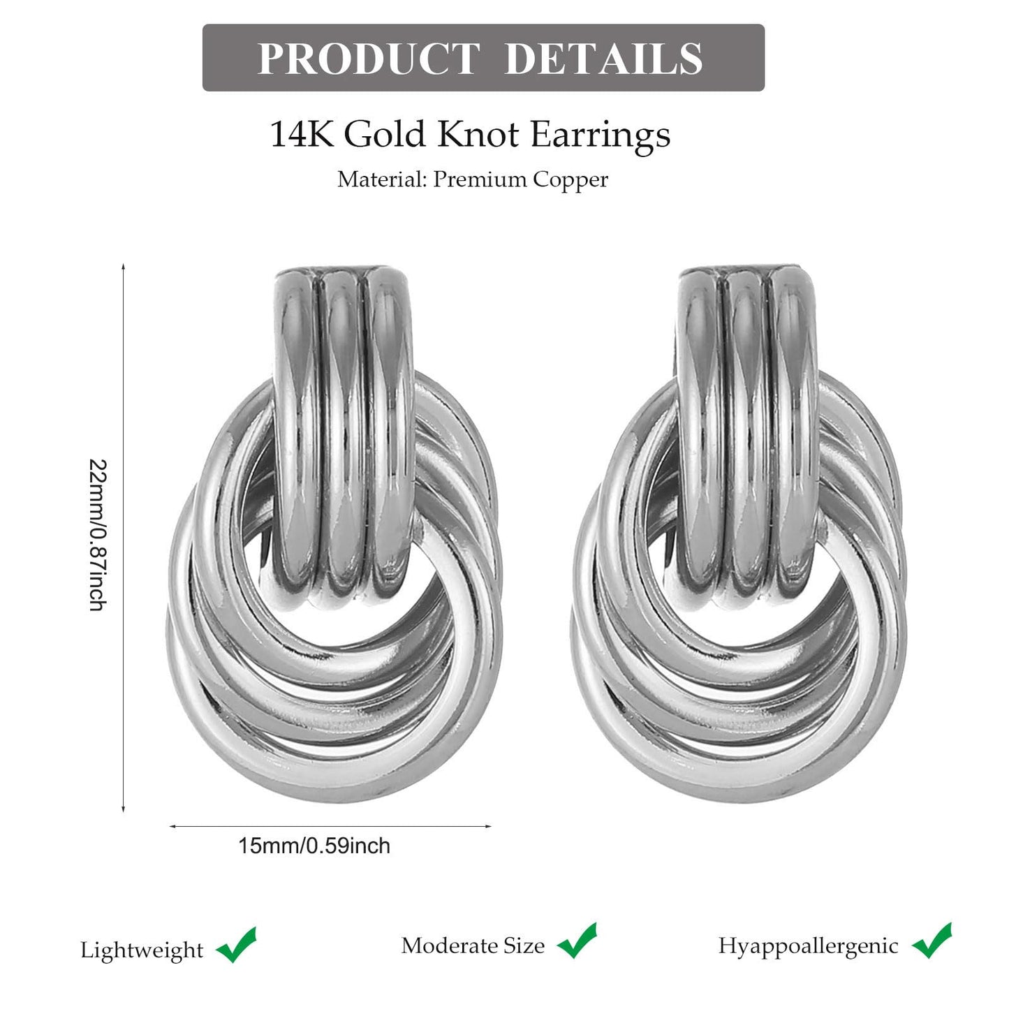 Chunky Silver Drop Earrings for Women - Minimalist Knot Earrings, Trendy Geometric Dangle Statement Earring Jewelry