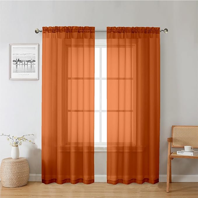 Lecloud Orange Sheer Curtains 72 Inches Long 2 Panels, Rod Pocket Voile Light Filtering Curtains for Door Window, Airy Sheer Drapes for Bedroom Living Room, Each Panel 42 X 72 Inch