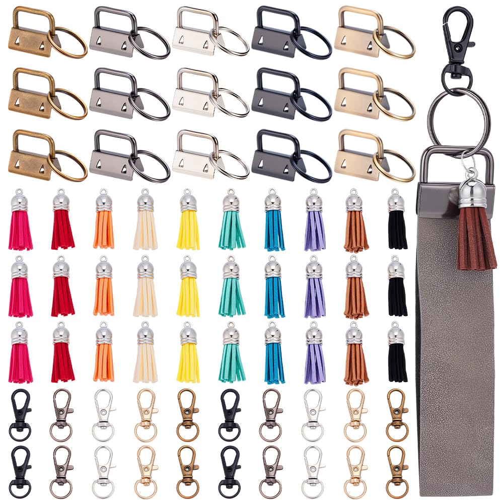 SOFPLATE 75Pcs 6 Colors 1 Inch Key Fob Hardware Kit Lanyard Hardware Set with Keyrings 25 Tassel Charms 25 Swivel Snap Hooks Wristlet Keychain Kit for Key Chain Making DIY Crafts Accessories Supplies