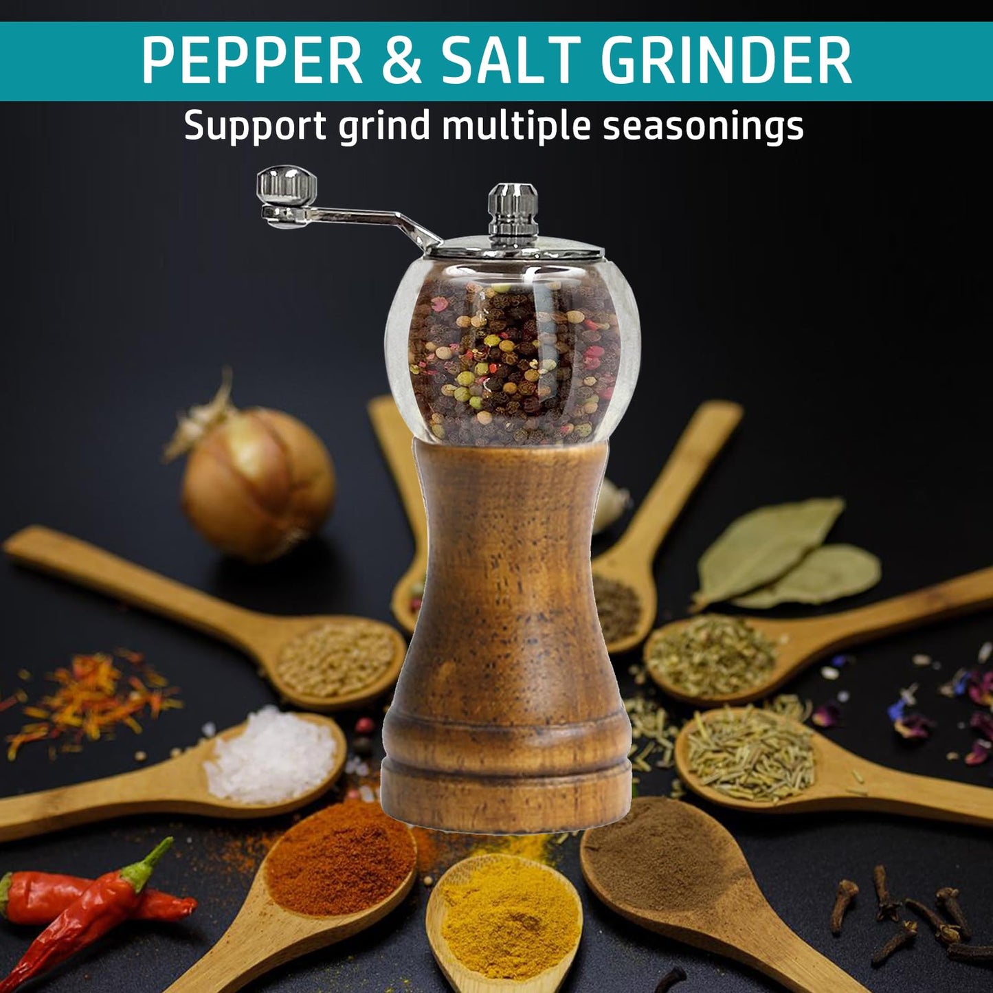 VEIZIBEE Pepper Grinder, Classical Roast Black Manual Pepper Grinder Set, Hand Shake Sea Salt Mill, Retro Style Wood， Acrylic，Ceramic Blades, Enjoy Fresh Pepper Spices (Walnut color 2pcs-6in)