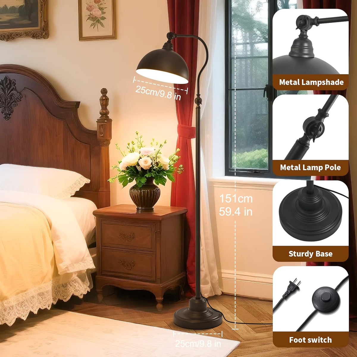 Bright Reading Floor Lamp with Remote Control and Bluetooth Dimming,Rustic Vintage Living Room Bedroom Bedside Office Study Library Adjustable Black Standing Warm Lights, Mid Century Modern Home Decor