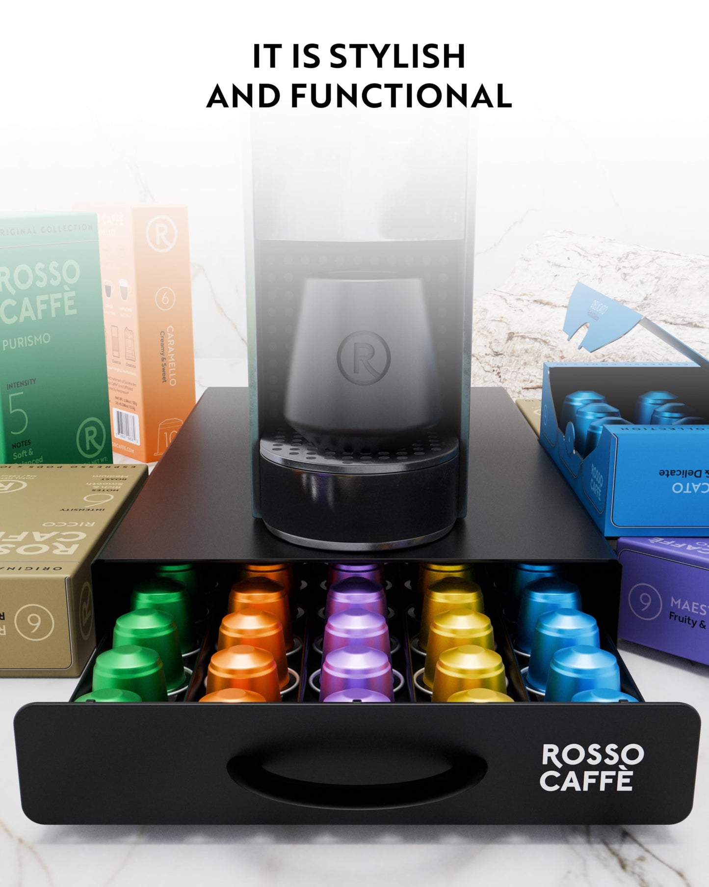 ROSSO CAFFÈ Coffee Capsule Drawer Organizer Compatible with Nespresso Original Machines, Holds 45 Capsules, Space-Saving Countertop Storage, Sleek Design