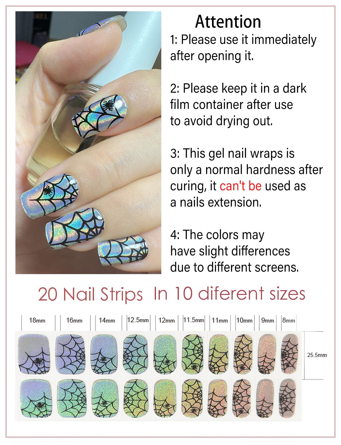 Semi Cured Gel Nail Strips, Laser Spider Web 20pcs Adhesive UV Sticker, Wraps for Home Manicure DIY