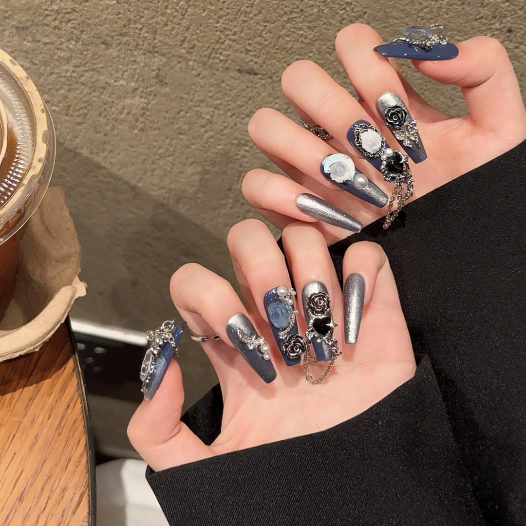 Handmade Press on Nails Blue Square Style with Luxury Moon Flower Pearl and Heart Gem Decor Acrylic Nails Press on Handmade Nails Punk Press On Nails(S)