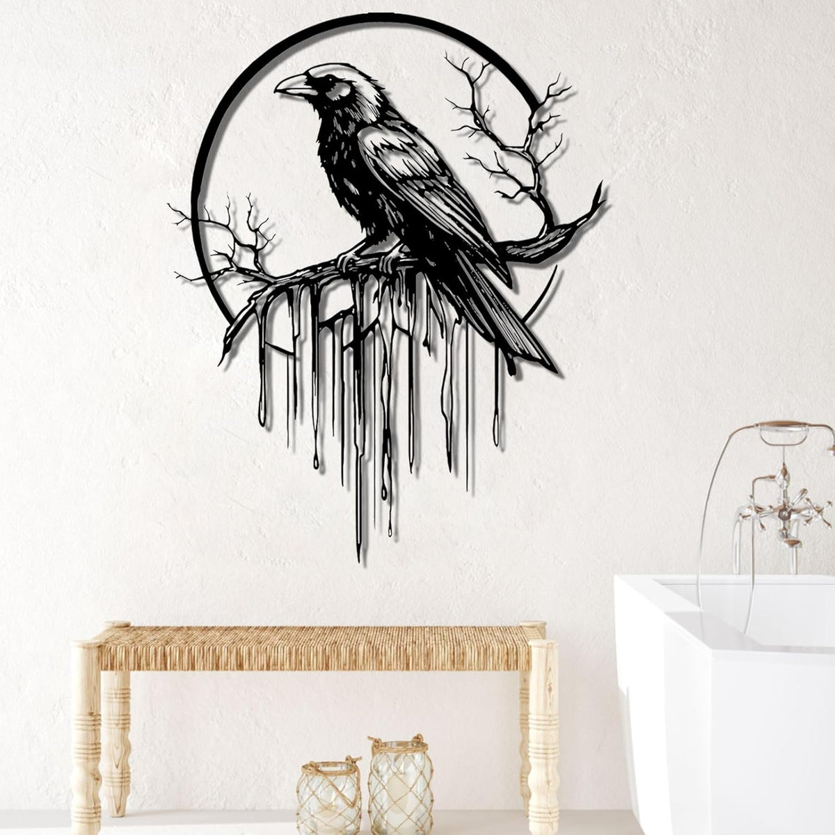 Crow Metal Wall Decor, Raven Wall Art, Large Gothic Raven Decor Hangings, Bird Wall Decor, Metal Tree Branch Decor, Ravens Sign, Raven Art for Living Room (White, 47"x38" | 120x96cm, metal wall art)