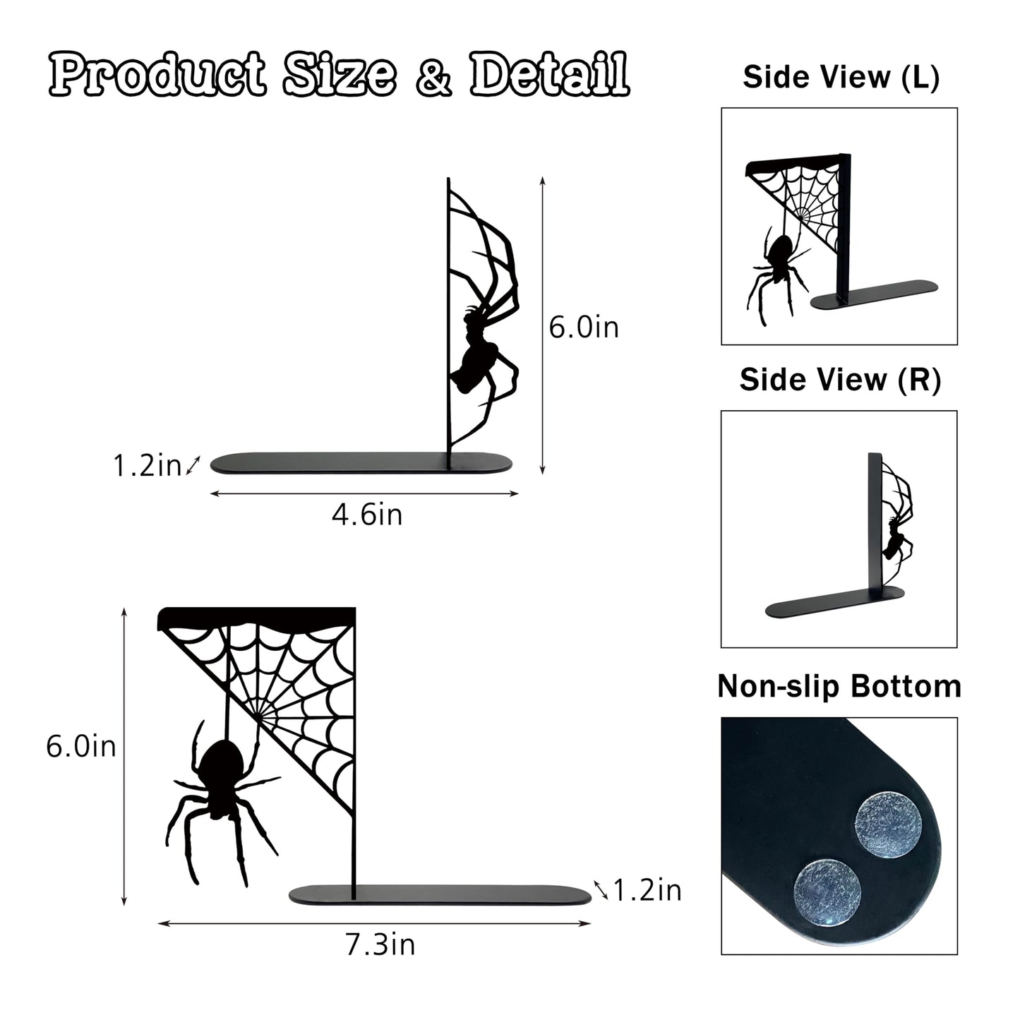 noxozoqm Metal Spider and Spider Web Bookend, Farmhouse Decorative Animal Book Ends, Unique Bookends, Gothic Halloween Decor, Cute Spooky Goth Book Ends for Shelves Kitchen, Black