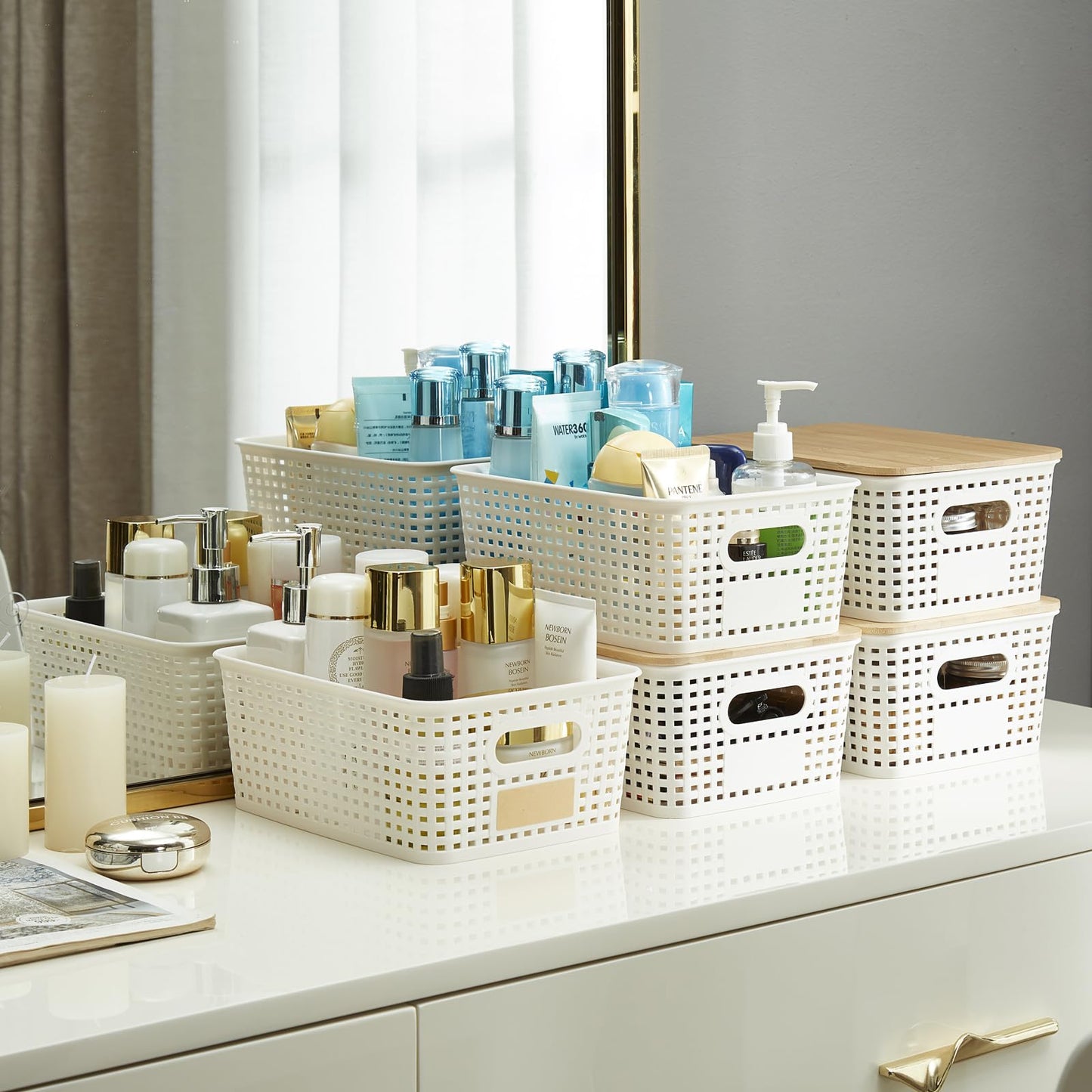 Bagnizer Small Plastic Storage Bins with Bamboo Lids 5.2qt Stackable Box Basket Pantry Decorative Containers Cute with Labels for Organizing Desktop Closet Office Cream White of 6 packs 10*7.2*4.1"