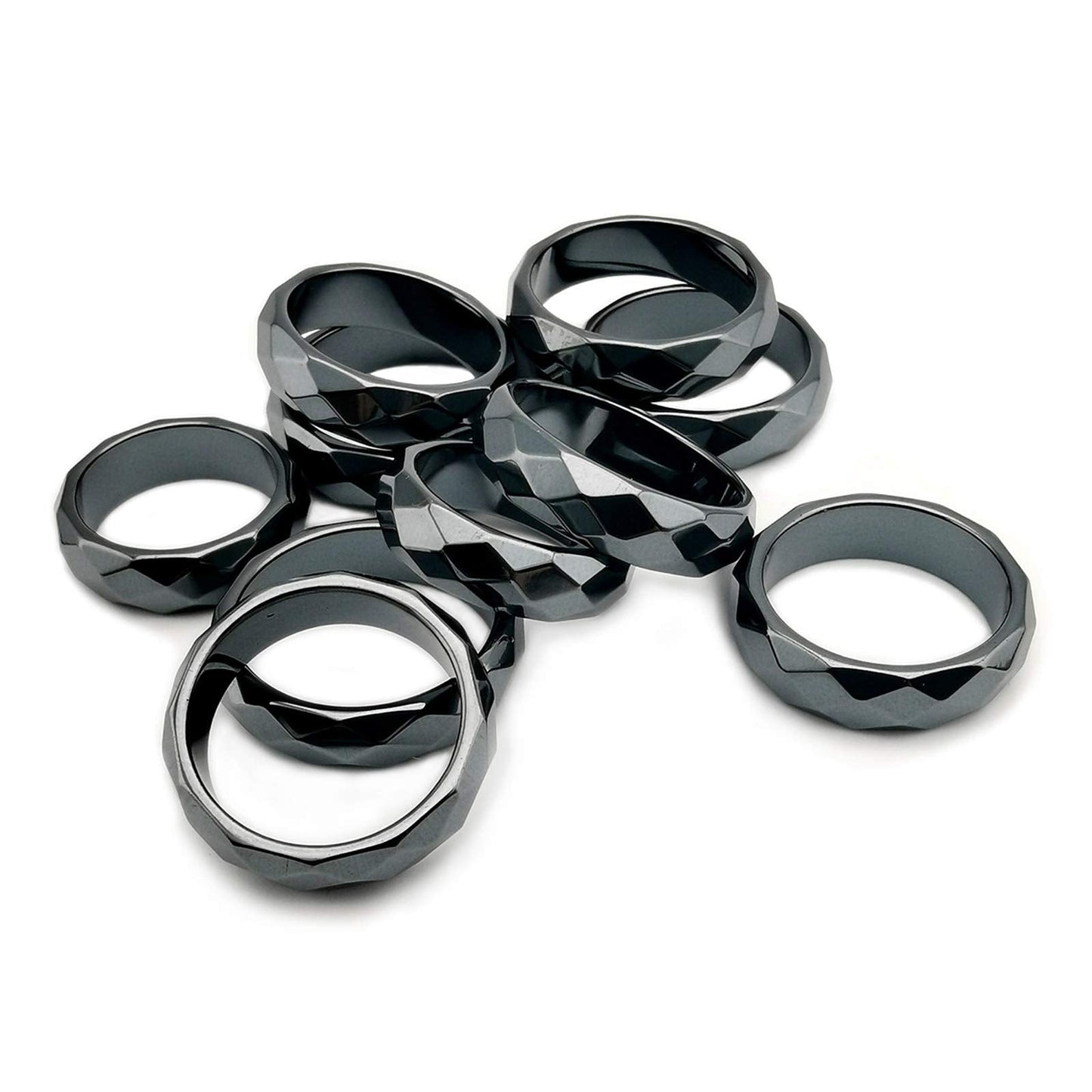 Morchic 10Pcs Pack Hematite Stone Rings for Women & Men, Unisex Faceted Set (6mm Width) - Mixed Sizes 6-12, Chakra Balancing, Polished Gemstone, Gift Ready