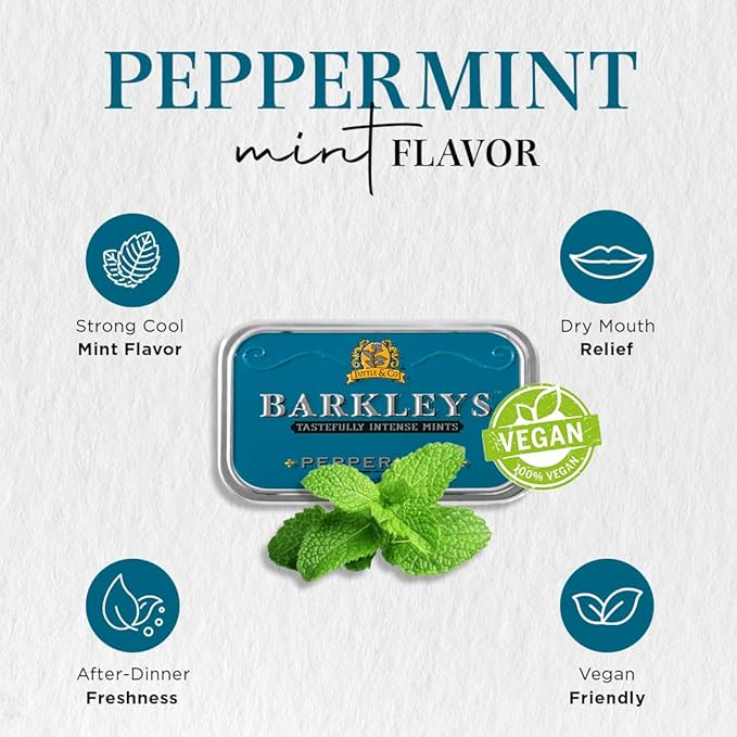 Barkleys Peppermint Breath Mints - Breath Mint, Mints Travel Size, After Dinner Mints, Peppermints Breath Freshener, Peppermint Candy in Reusable Classic Travel Tins, Vegan, 6 Pack - 50 Count Each